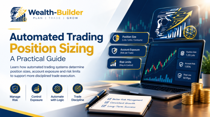 Automated trading dashboard showing position size, risk per trade and account exposure