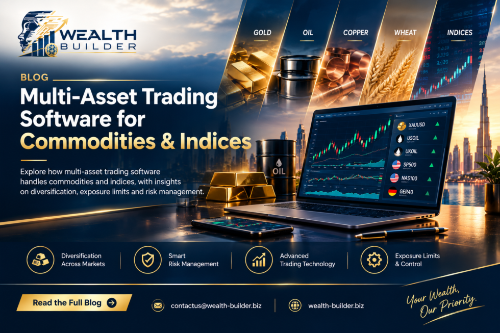 Multi-asset trading software dashboard showing gold, oil and stock index positions with exposure limits